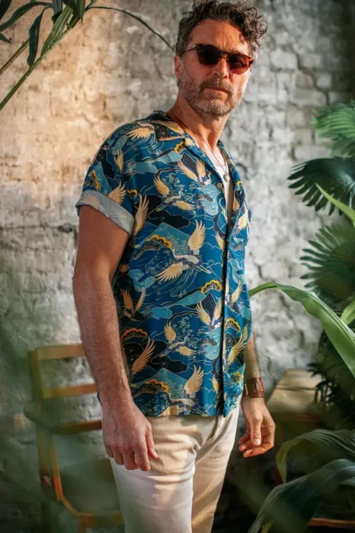 &SONS Tops>Aloha Crane Club Shirt Blue
