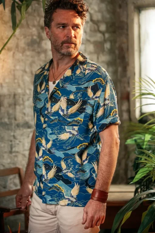 &SONS Tops>Aloha Crane Club Shirt Blue