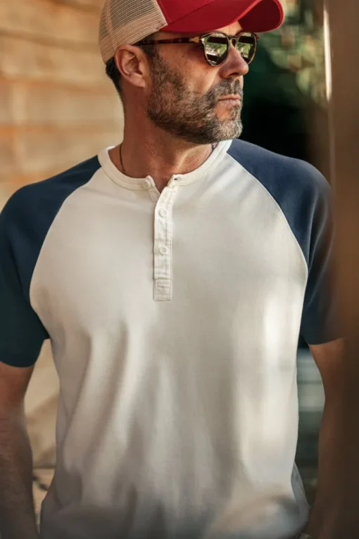 &SONS Tops>The Chariot Henley Shirt Raw/Indigo
