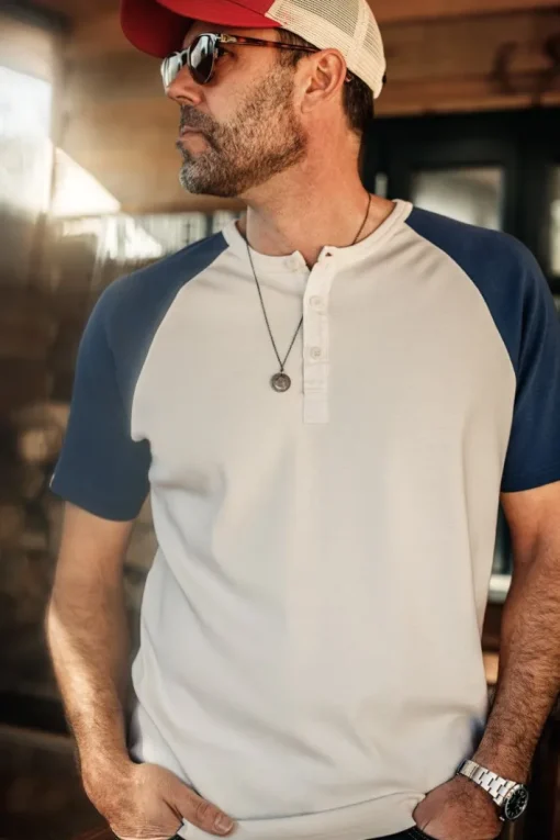&SONS Tops>The Chariot Henley Shirt Raw/Indigo